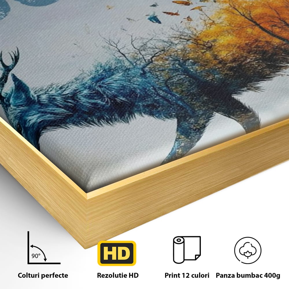 Detaliu al suprafetei: tablou canvas cu cerb si padure, in rama de aluminiu auriu